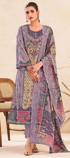 Purple and Violet color Salwar Kameez in Cotton, Lawn fabric with Digital Print, Floral, Resham, Thread work