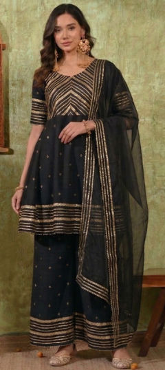 Black and Grey color Salwar Kameez in Chanderi fabric with Gota Patti work
