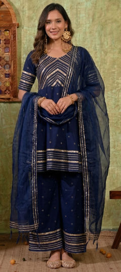 Blue color Salwar Kameez in Chanderi fabric with Gota Patti work