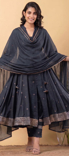 Black and Grey color Salwar Kameez in Chanderi fabric with Gota Patti work