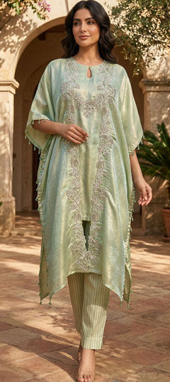 Green color Salwar Kameez in Silk fabric with Embroidered work