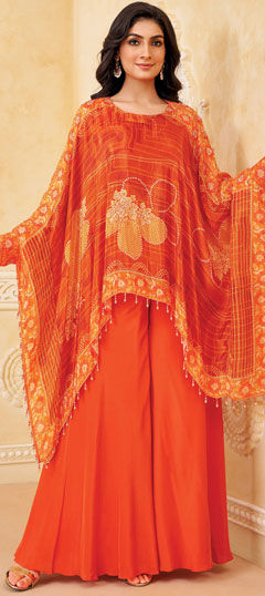 Orange color Salwar Kameez in Georgette fabric with Bandhej, Printed, Sequence work