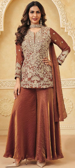 Beige and Brown color Salwar Kameez in Satin Silk fabric with Embroidered, Sequence work