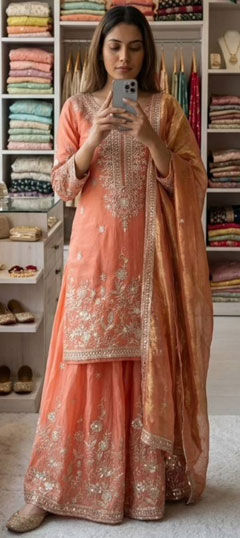 Orange color Salwar Kameez in Chinon Silk fabric with Embroidered, Sequence, Thread work