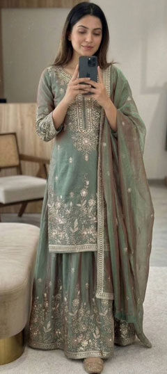 Green color Salwar Kameez in Chinon Silk fabric with Embroidered, Sequence, Thread work