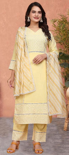 Purple and Violet, Yellow color Salwar Kameez in Rayon, Viscose fabric with Lace work