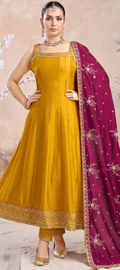 Yellow color Salwar Kameez in Silk fabric with Embroidered, Resham, Sequence work