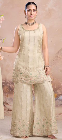 White and Off White color Salwar Kameez in Tissue fabric with Embroidered, Resham, Sequence work