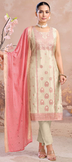 White and Off White color Salwar Kameez in Silk fabric with Embroidered, Resham work