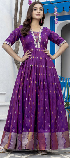 Pink and Majenta color Gown in Silk fabric with Weaving work