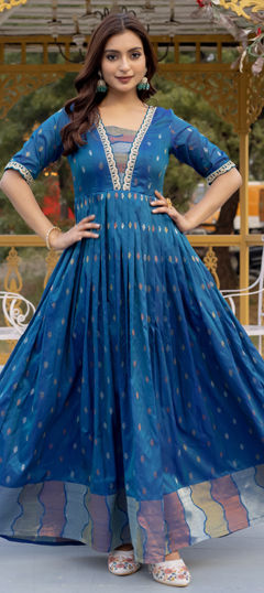 Blue color Gown in Silk fabric with Weaving work