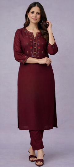 Red and Maroon color Salwar Kameez in Rayon fabric with Embroidered work