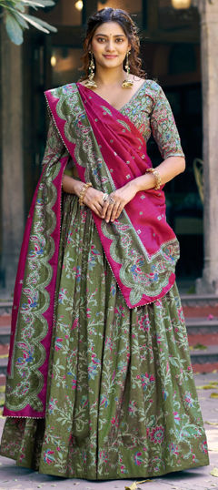 Green color Lehenga in Tussar Silk fabric with Printed work