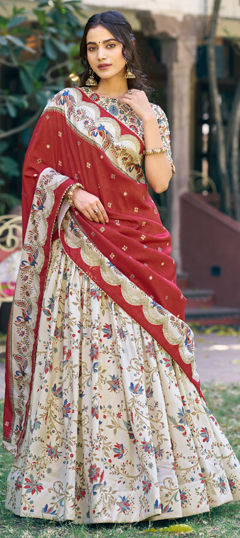 Yellow color Lehenga in Tussar Silk fabric with Printed work