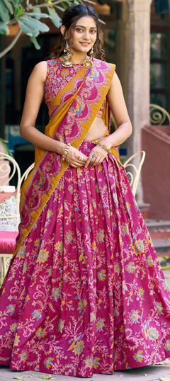 White and Off White color Lehenga in Tussar Silk fabric with Printed work