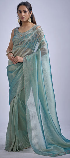 Blue color Saree in Kanjeevaram Silk fabric with Cut Dana, Sequence, Zircon work