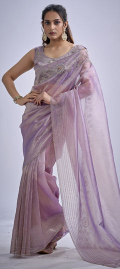 Purple and Violet color Saree in Kanjeevaram Silk fabric with Cut Dana, Sequence, Zircon work