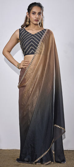 Black and Grey, Gold color Saree in Tissue fabric with Zircon work