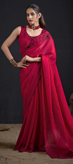 Pink and Majenta color Saree in Tissue fabric with Sequence, Zircon work