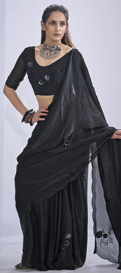 Black and Grey color Saree in Tissue fabric with Cut Dana, Sequence, Zircon work