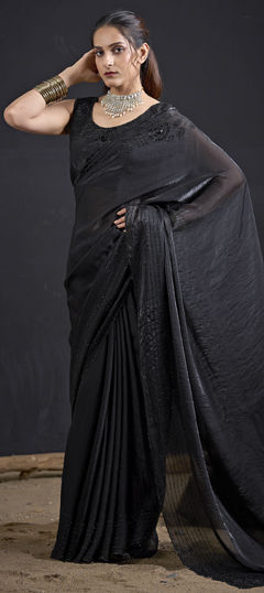 Black and Grey color Saree in Tissue fabric with Sequence, Zircon work