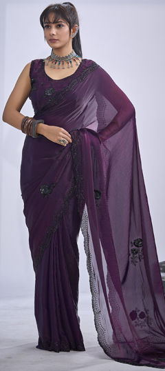 Purple and Violet color Saree in Tissue fabric with Cut Dana, Sequence, Zircon work