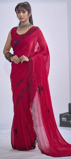 Pink and Majenta color Saree in Tissue fabric with Cut Dana, Sequence, Zircon work