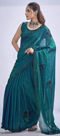Green color Saree in Tissue fabric with Cut Dana, Sequence, Zircon work