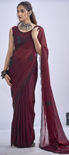 Red and Maroon color Saree in Tissue fabric with Cut Dana, Sequence, Zircon work