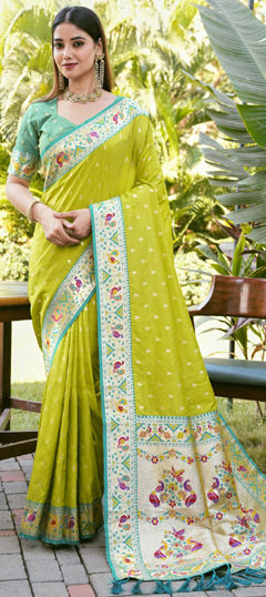 Green color Saree in Silk fabric with Weaving, Zari work