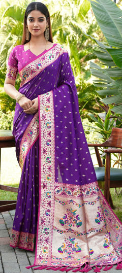 Purple and Violet color Saree in Silk fabric with Weaving, Zari work