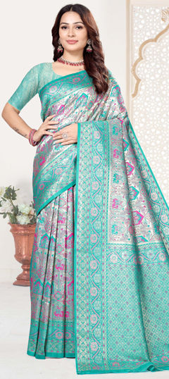 Blue color Saree in Kanjeevaram Silk fabric with Weaving, Zari work