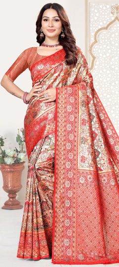 Beige and Brown, Orange color Saree in Kanjeevaram Silk fabric with Weaving, Zari work