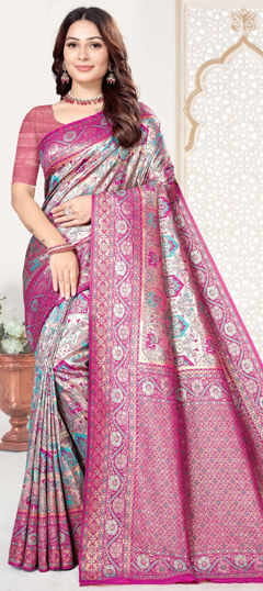 Beige and Brown, Purple and Violet color Saree in Kanjeevaram Silk fabric with Weaving, Zari work