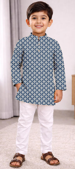 Blue color Boys Kurta Pyjama in Cotton fabric with Embroidered, Thread work