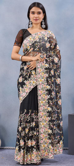 Black and Grey color Saree in Net fabric with Embroidered, Resham, Stone, Zircon work