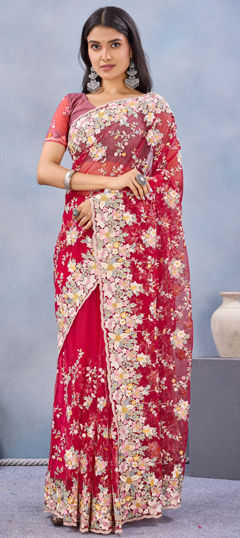 Red and Maroon color Saree in Net fabric with Embroidered, Resham, Stone, Zircon work