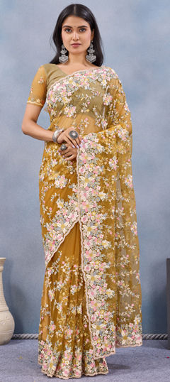 Yellow color Saree in Net fabric with Embroidered, Resham, Stone, Zircon work