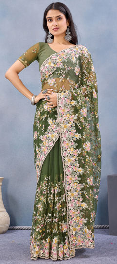 Green color Saree in Net fabric with Embroidered, Resham, Stone, Zircon work