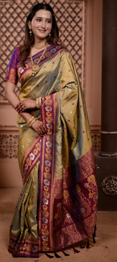 Green color Saree in Silk fabric with Weaving, Zari work