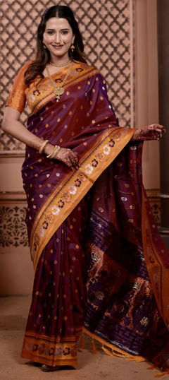 Red and Maroon color Saree in Silk fabric with Weaving, Zari work