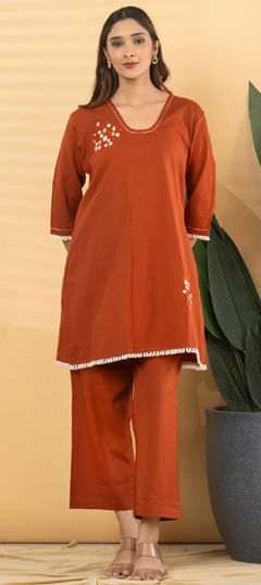 Beige and Brown color Co-ords Set in Cotton Flex fabric with Embroidered, Mirror work