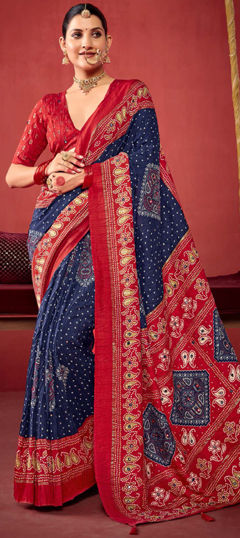 Blue, Red and Maroon color Saree in Silk fabric with Bandhej, Printed work