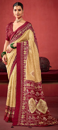 Beige and Brown, Red and Maroon color Saree in Silk fabric with Bandhej, Printed work
