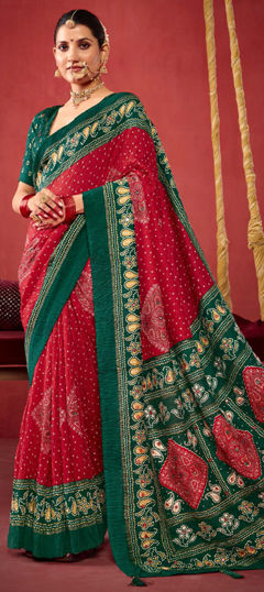 Green, Red and Maroon color Saree in Silk fabric with Bandhej, Printed work