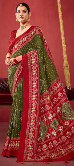 Green, Red and Maroon color Saree in Silk fabric with Bandhej, Printed work