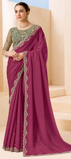 Red and Maroon color Saree in Georgette, Shimmer fabric with Embroidered, Sequence work