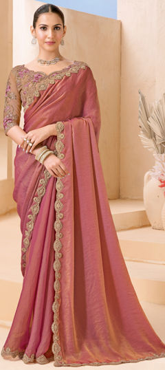 Pink and Majenta color Saree in Georgette, Shimmer fabric with Embroidered, Sequence work