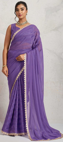 Purple and Violet color Readymade Saree in Georgette fabric with Embroidered, Sequence work