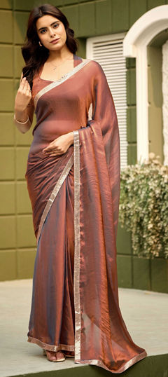Beige and Brown color Readymade Saree in Chiffon fabric with Embroidered, Sequence work